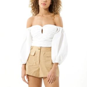Tanya Taylor White Off-Shoulder Ruched Blouse